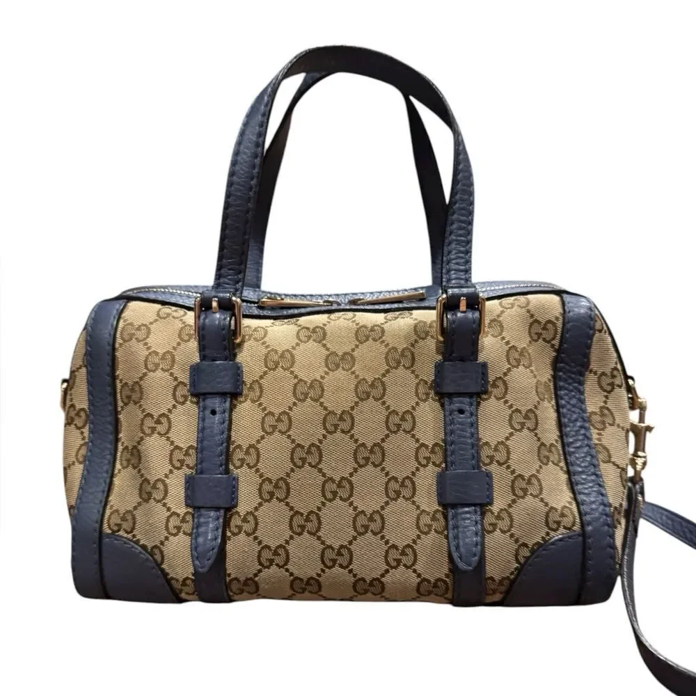 GUCCI Beige Brown GG Canvas Blue Leather Trim Small Belted 2way Boston Bag